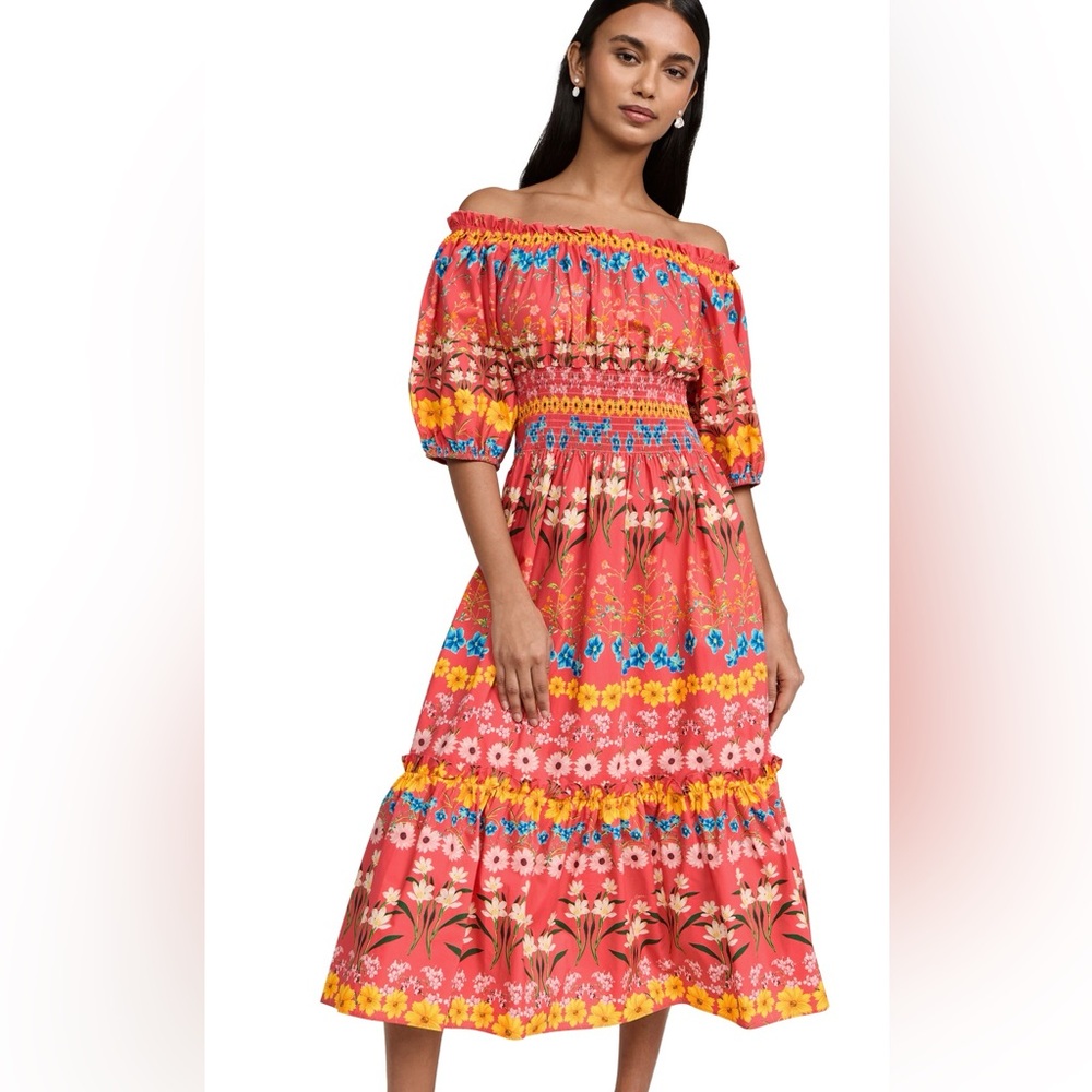 Cara Cara NWT Flowerbox Coral Off the Shoulder Mimi Midi Dress Size Large